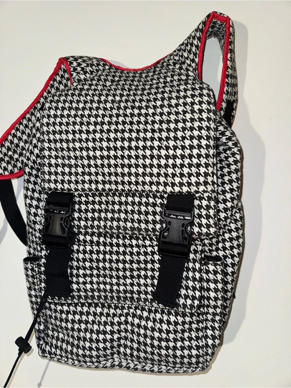Houndstooth Print Backpack Diaper Bag with Red Trim